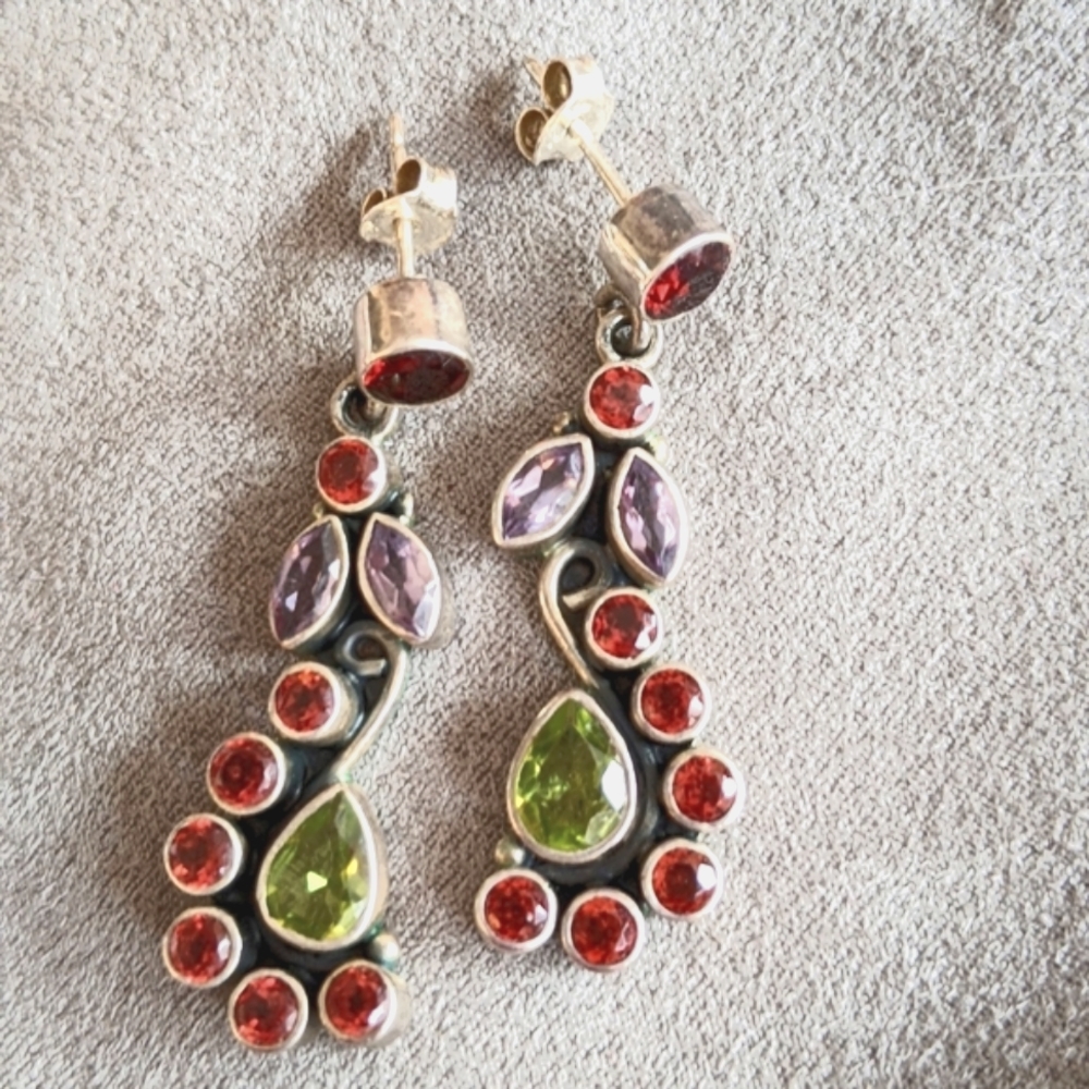 Indian Sterling Silver & Semi- prescious Gem 'floral' Earrings